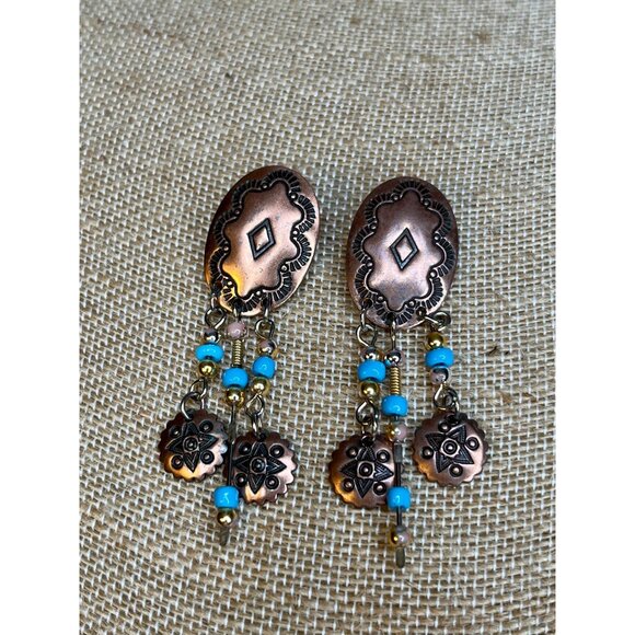 Jewelry - Vintage Copper & Turquoise Beaded Dangle Earrings With Geometric Design & Tribal